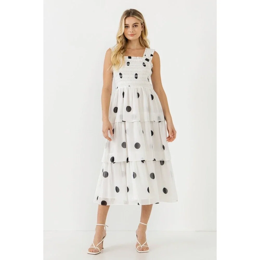 English Factory Ruffled Smocked Polka Dots Midi Dress White Black Size Large